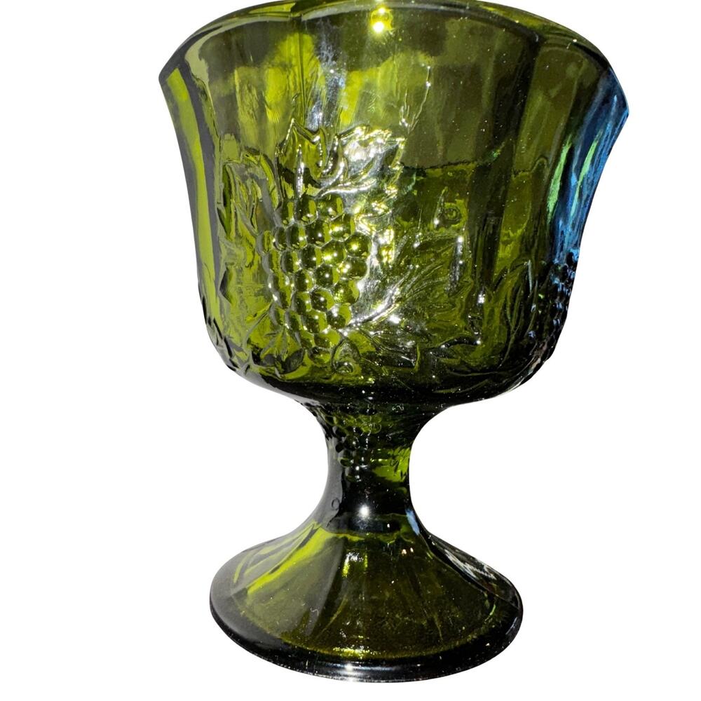 Vintage Glass Pedestal Bowl Mid Century Modern Green Grape Vine Dish